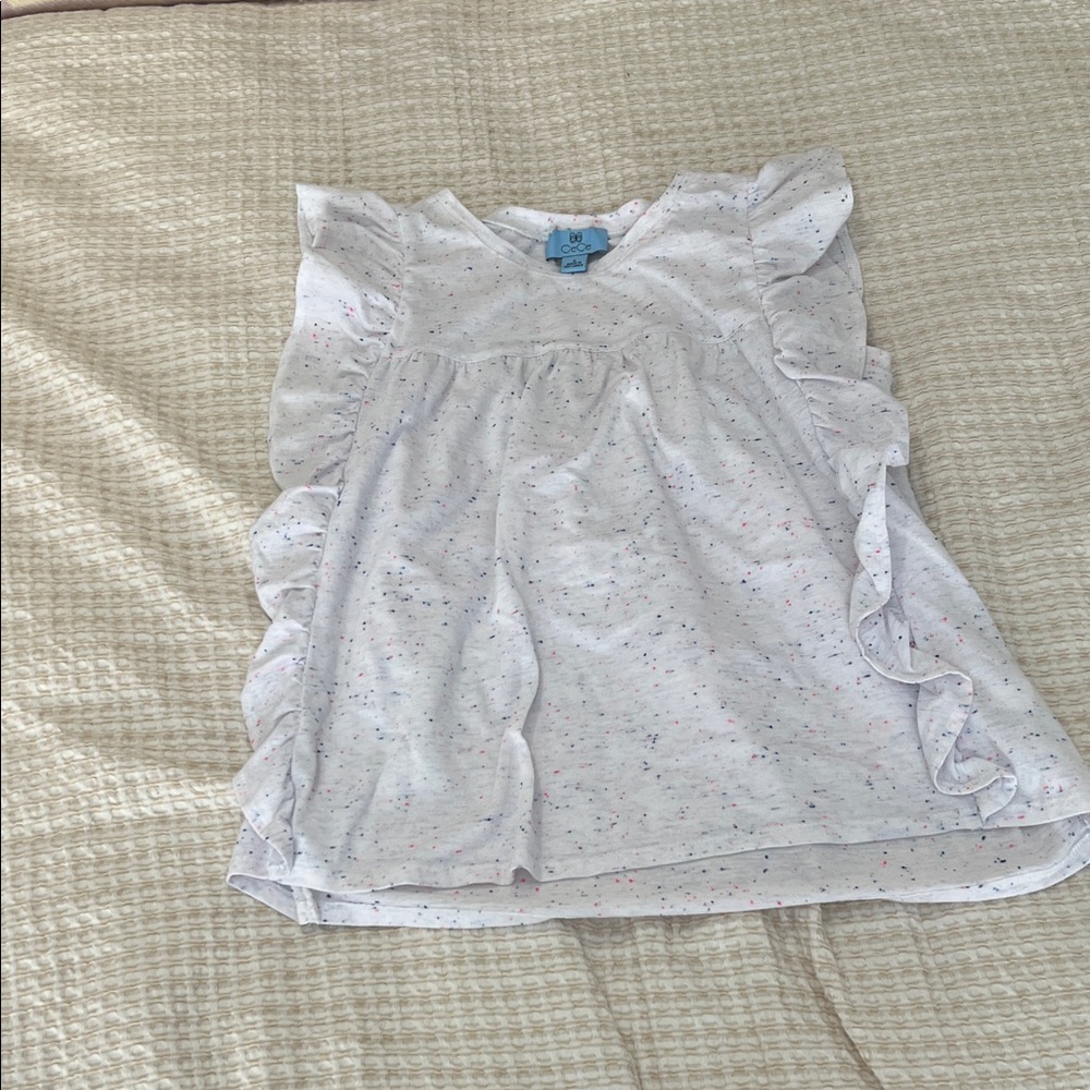 CeCe White Speckled Ruffle Tank Top